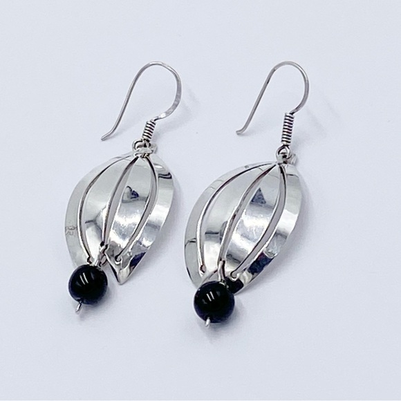 Taxco 925 Sterling Silver Modernist Black Onyx Dangle Earrings - Picture 3 of 9